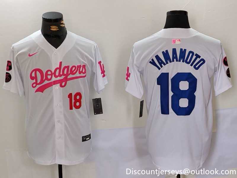 Men's Los Angeles Dodgers #18 Yoshinobu Yamamoto White Pink Vin & Kobe Patch Stitched Baseball Jersey1,We sell and wholesale Men's Los Angeles Dodgers #18 Yoshinobu Yamamoto White Pink Vin & Kobe Patch Stitched Baseball Jersey1 on line form chian!